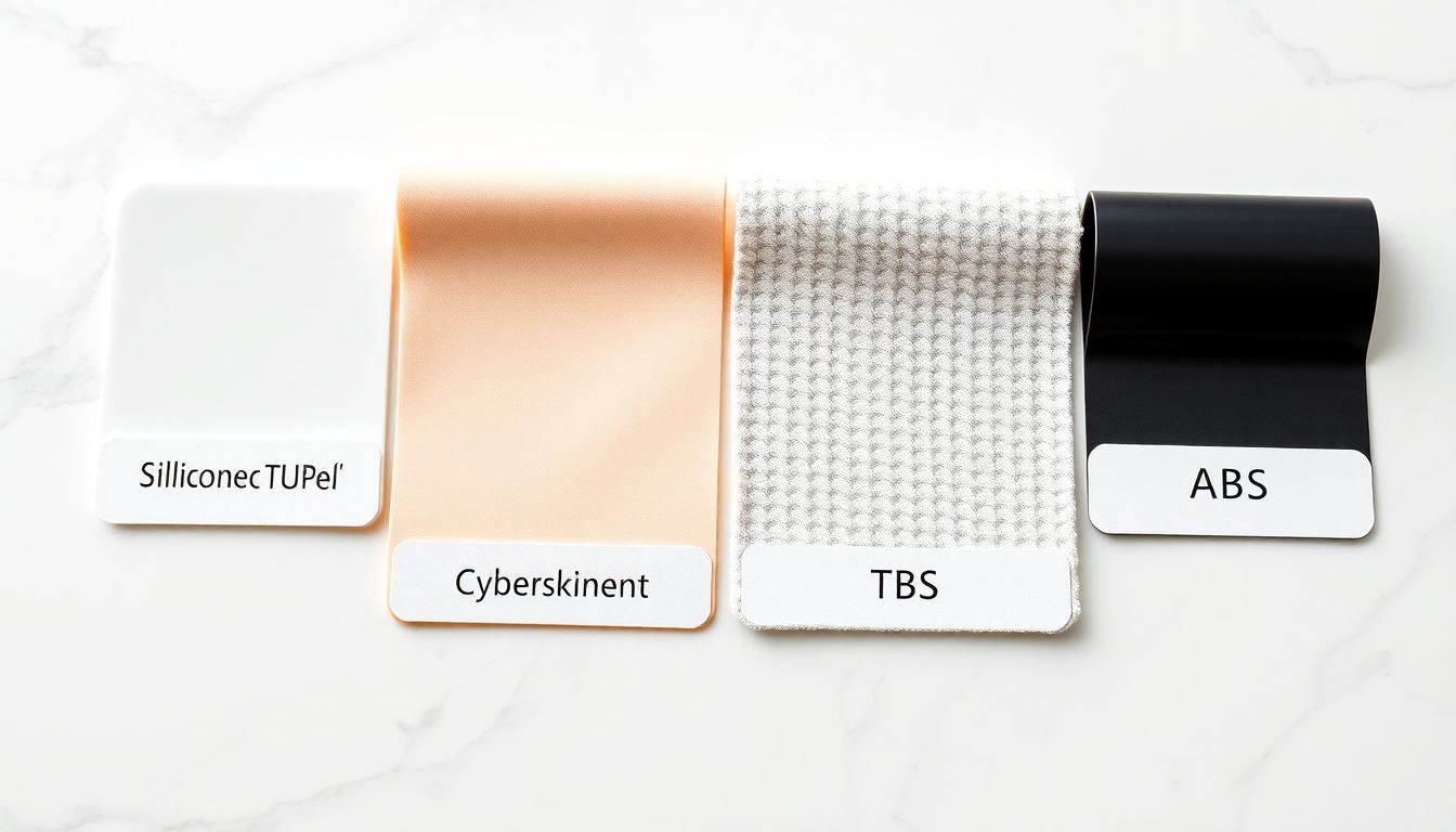 Comparatif visuel des matériaux des masturbateurs : silicone médical, TPE, CyberSkin et ABS