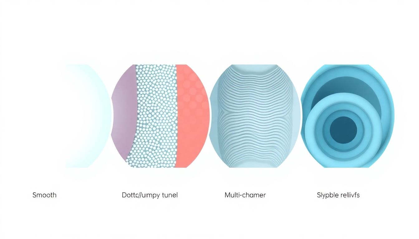 Différentes textures internes d'un masturbateur masculin : lisse, à picots, à nervures et chambres multiples