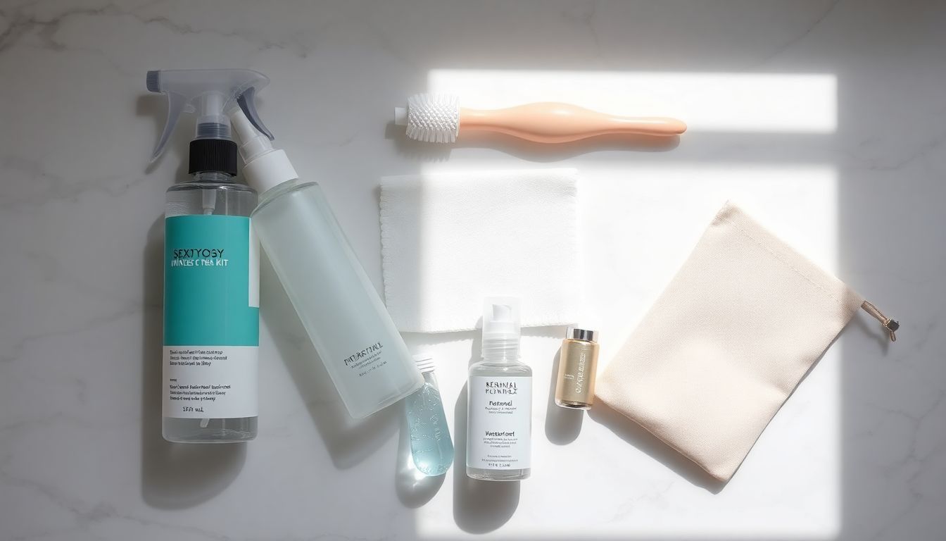 Kit d'entretien pour masturbateur masculin : nettoyant, brosse, chiffon et lubrifiant