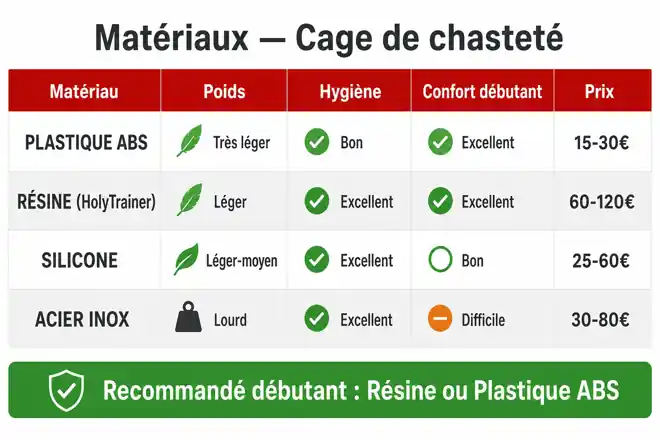 Tableau comparatif matériaux cage de chasteté : plastique ABS, résine, silicone, acier inoxydable — poids, hygiène, confort débutant, prix